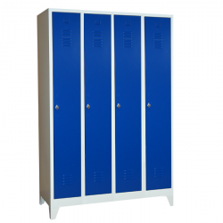 Stahl-Kleiderspind - blaue Türen -  30 cm Abteilbreite - Gesamt 120 cm breit - 4 Abteile  - mit Füssen - 4 Drehriegel - Lieferzeit ca. 2-3 Wochen !